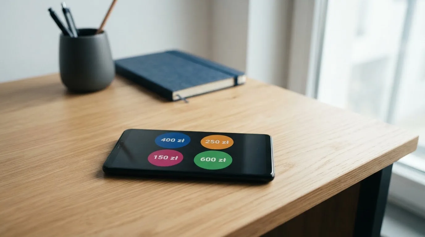 Smartfon leży na biurku z czterema małymi kolorowymi kółkami na ekranie, przy każdym inna liczba
