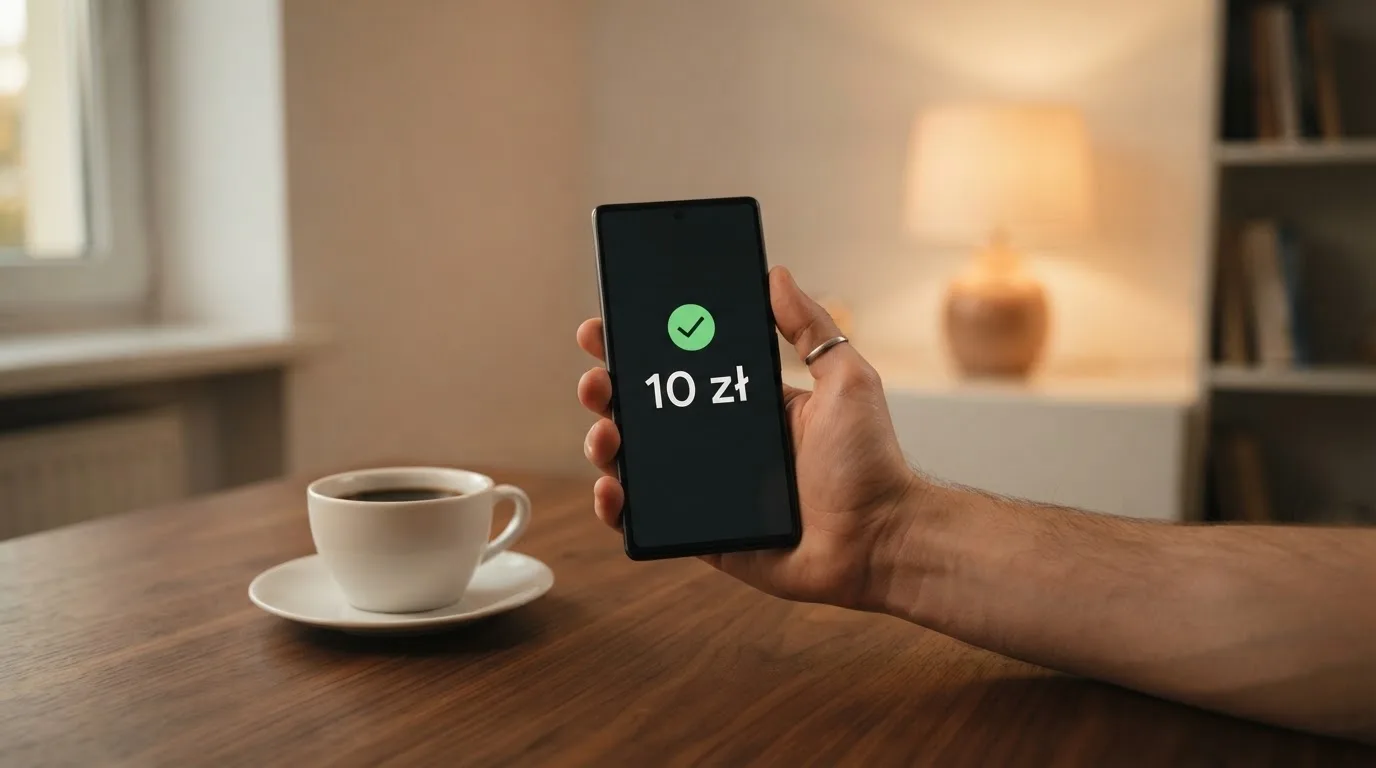Dłoń trzyma smartfon z prostym zielonym haczykiem i jedną liczbą na ekranie, obok stoi filiżanka kawy